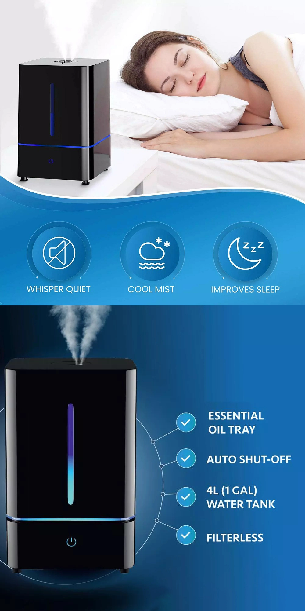 360&deg; Cool Mist Nozzle Ceramic Filter Ultrasonic Air Humidifier with Home and Office Aromatherapy Essential Oil Aroma Diffuser