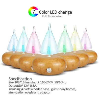 High Quality Glass Wood Essential Oil Ultrasonic Aromatherapy Nebulizer Diffuser with 7 Changing LED Colors and Wood Grain Base