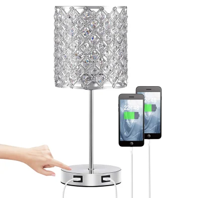 K9 Crystal Table Lamp Chrome Finish E27/E26 LED Bulb with Touch Dimmer, 2 USB Charge Port